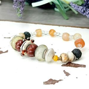 Boho Chic Statement Beaded Stretch Bracelet, Agate Gemstone Stackable OOAK